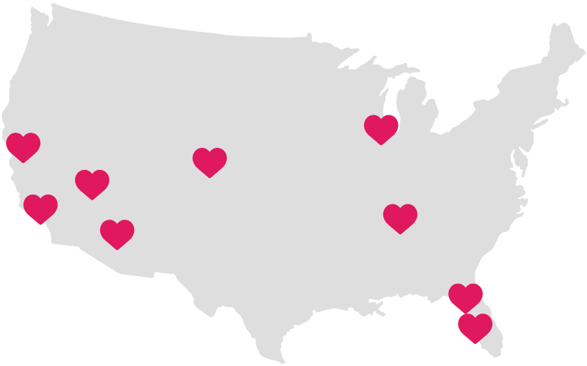 heat map for acasa franchise locations marked with hearts